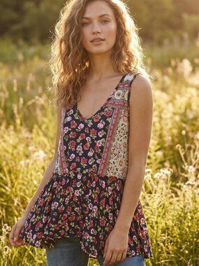 Bila M BabyDoll Tank Top Patchwork Floral Boho Chic Cottage Indie Dopamine Flowy